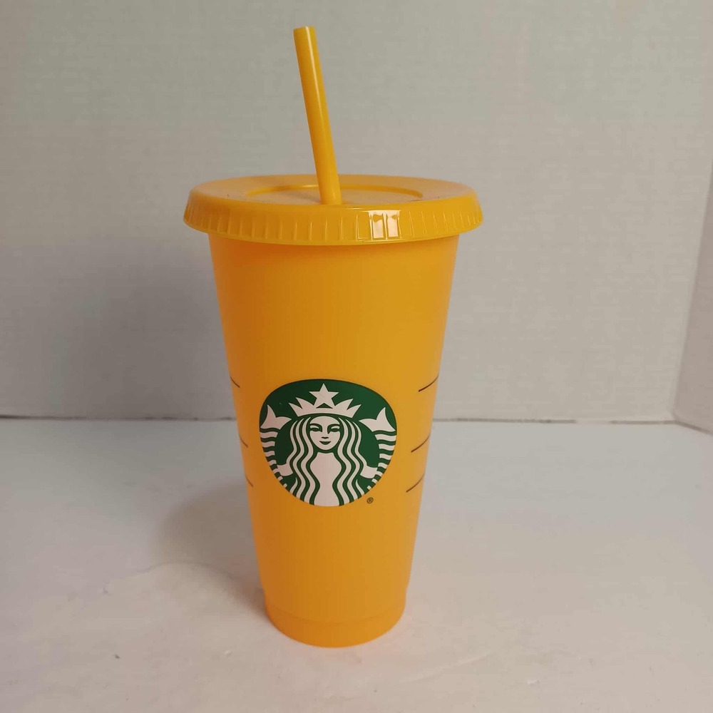 Starbucks Yellow Plastic Cold Cup 24 fl oz Venti Reusable with Straw